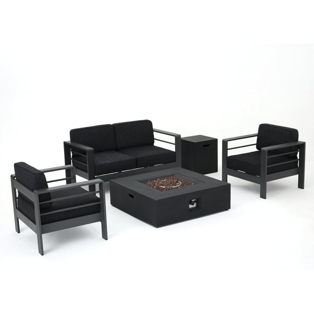 image:imageChristopher Knight Home Cape Coral Outdoor Aluminum 5 Piece Loveseat Chat Set Water Resistant Cushions Grey Square Fire Table 3200 W x 275 D x 246 H Dark Gray  Gray