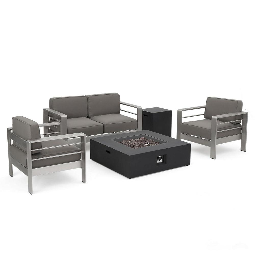 image:imageChristopher Knight Home Cape Coral Outdoor Aluminum Chat Set with Fire Table Khaki Dark Grey