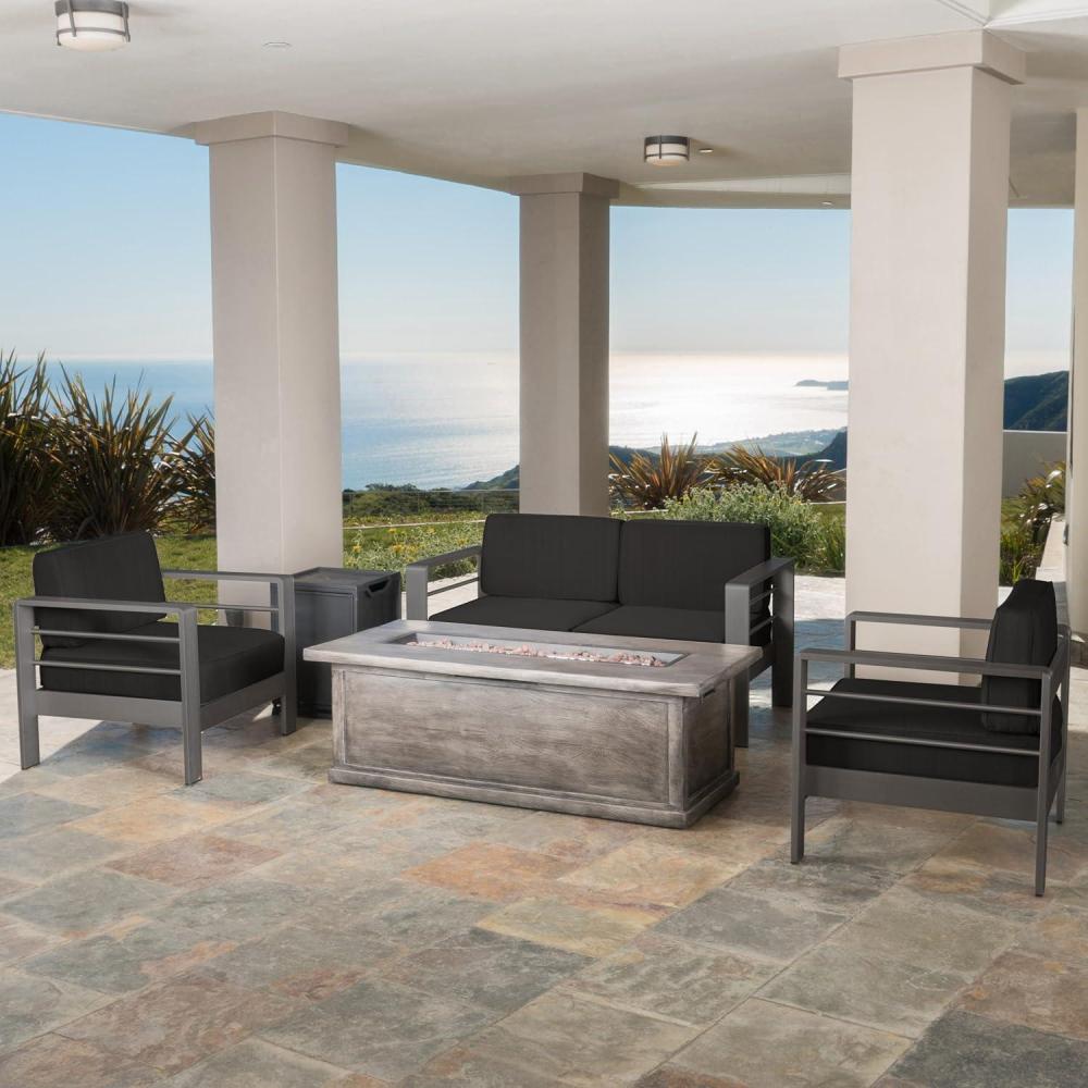 image:imageChristopher Knight Home Cape Coral Outdoor Aluminum Chat Set with Water Resistant Cushions and WoodLike Fire Table 5Pcs Set Grey  Dark Grey  Grey With Wood Pattern  Black