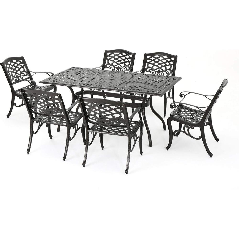 image:imageChristopher Knight Home Hallandale Outdoor Sarasota Cast Aluminum Rectangular Dining Set 7Pcs Set Hammered Bronze
