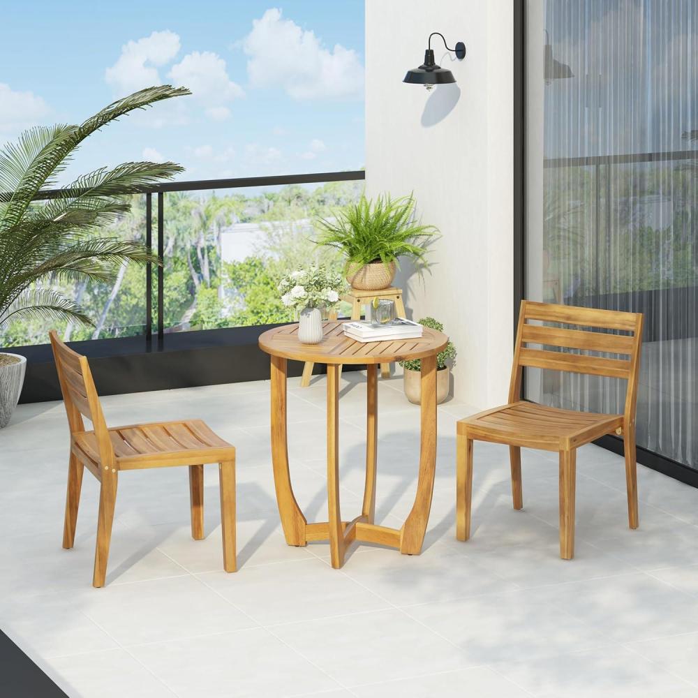 image:imageChristopher Knight Home Jayme Outdoor 2 Seater Bistro Set Acacia Wood Dining Chairs and Table Slats Panel Design Round Table Wooden Frame 3 Pieces Dining Set for Balcony Backyard Garden Teak