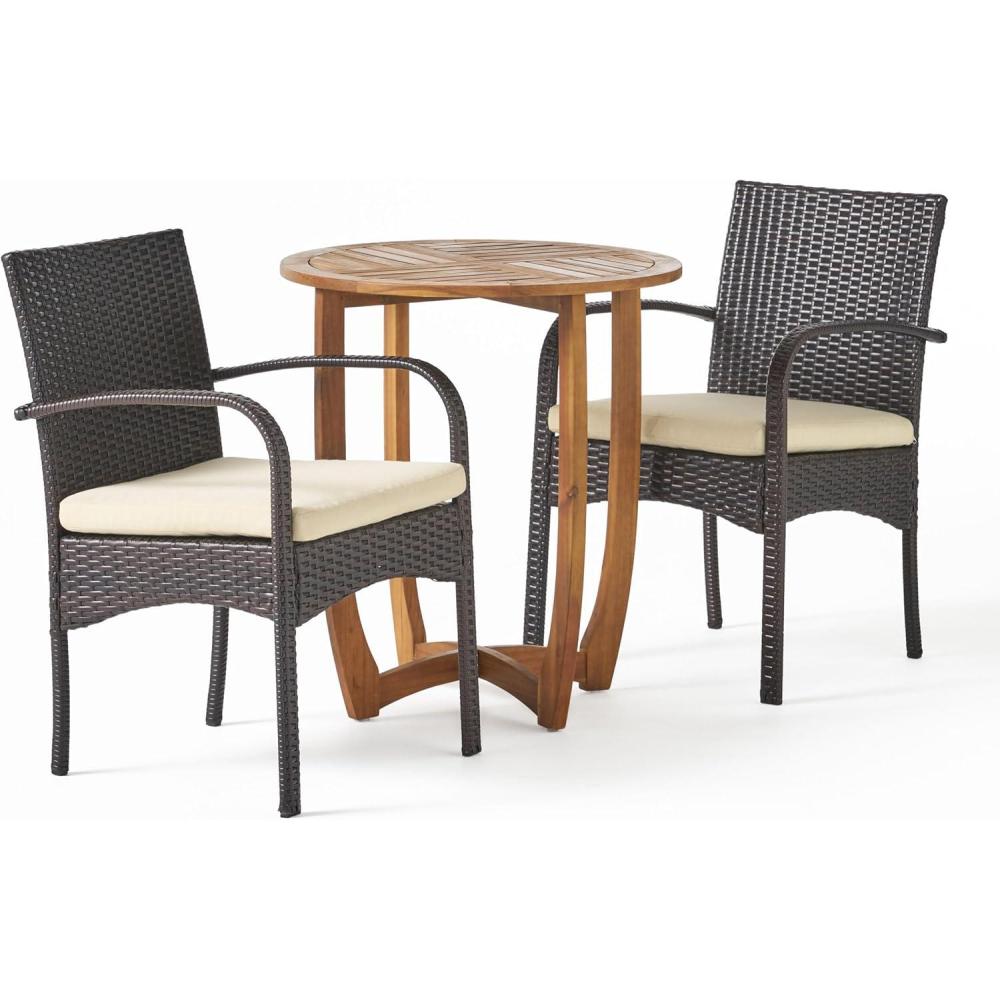 image:imageChristopher Knight Home Lindy Outdoor 3 Piece Acacia Wood and Wicker Bistro Set with Cushions Teak Finish and MultiBrown with Crme