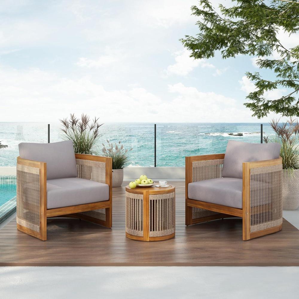 image:imageChristopher Knight Home Malphite 3 Pieces Conversation Set Acacia Wood Chat Set Round Coffee Table and Woven Rope Accent Chairs Slat Design Patio Furniture Set for Backyard Garden Beige TeakGray Teak