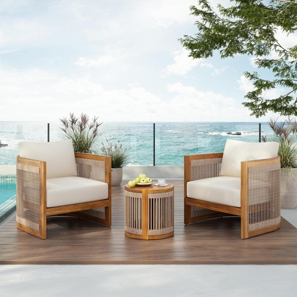 image:imageChristopher Knight Home Malphite 3 Pieces Conversation Set Acacia Wood Chat Set Round Coffee Table and Woven Rope Accent Chairs Slat Design Patio Furniture Set for Backyard Garden Beige TeakBeige Teak