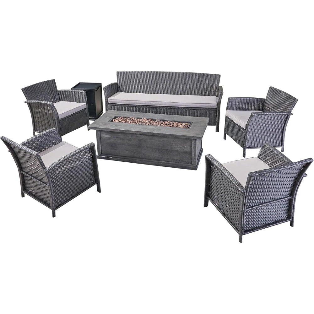 image:imageChristopher Knight Home Mason Outdoor 7 Seater Wicker Chat Set with Fire Pit GraySilverGray