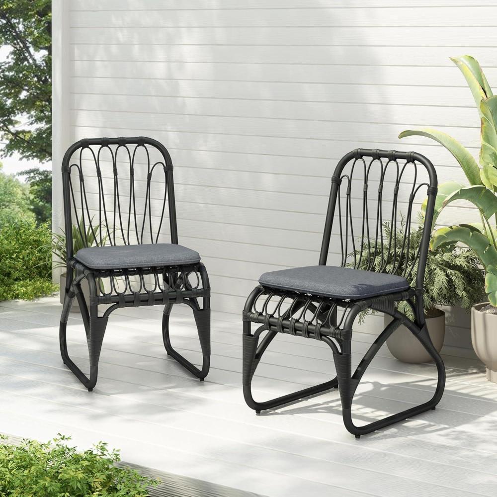 image:imageChristopher Knight Home Set of 2 Busby Patio PE Wicker Dining Chairs Outdoor Woven Rattan Accent Chair with Iron FrameCushion Fully Assembled Lounge Chair Outdoor for GardenBalcony BlackGreyBlackgrey