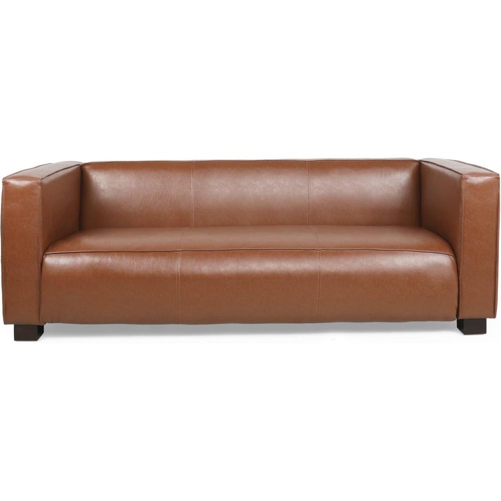 image:imageGoyette 3 Seater Sofa Faux Leather Cognac BrownDark WalnutCognac Brown Dark Walnut