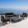Christopher Knight Home Cape Coral Outdoor Aluminum 5 Piece Loveseat Chat Set Water Resistant Cushions Grey Square Fire Table, 32.00 “W x 27.5 “D x 24.6 “H, Dark Gray + Gray