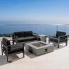 Christopher Knight Home Cape Coral Outdoor Aluminum 5 Piece Loveseat Chat Set Water Resistant Cushions Grey Square Fire Table, 32.00 “W x 27.5 “D x 24.6 “H, Dark Gray + Gray + Light Gray