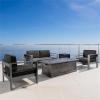 Christopher Knight Home Cape Coral Outdoor Aluminum Chat Set with Water Resistant Cushions and Wood-Like Fire Table, 5-Pcs Set, Grey / Dark Grey / Brown With Wood Pattern / Black