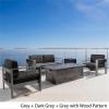 Christopher Knight Home Cape Coral Outdoor Aluminum Chat Set with Water Resistant Cushions and Wood-Like Fire Table, 5-Pcs Set, Grey / Dark Grey / Brown With Wood Pattern / Black