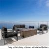 Christopher Knight Home Cape Coral Outdoor Aluminum Chat Set with Water Resistant Cushions and Wood-Like Fire Table, 5-Pcs Set, Grey / Dark Grey / Brown With Wood Pattern / Black
