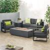 Christopher Knight Home Cheney Bay Outdoor Aluminum 4 Seater Chat Set with Fire Pit, Black, Gray, and Dark Gray(Black + Gray + Dark Gray)