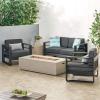 Christopher Knight Home Cheney Bay Outdoor Aluminum 4 Seater Chat Set with Fire Pit, Black, Gray, and Dark Gray(Black + Gray + Light Gray)