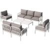 Christopher Knight Home Landon 5 Pieces Patio Conversation Set, 3 Seater Sofa with Coffee Table, Couch and Club Chair, Thick Cushion Armchair, Outdoor Conversation Set for Gathering, White+Light Gray(White+light Gray)