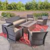 Christopher Knight Home Mason Outdoor 7 Seater Wicker Chat Set with Fire Pit, Brown/Tan/Brown