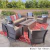 Christopher Knight Home Mason Outdoor 7 Seater Wicker Chat Set with Fire Pit, Brown/Tan/Brown