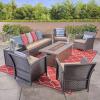 Christopher Knight Home Mason Outdoor 7 Seater Wicker Chat Set with Fire Pit, Brown/Tan/Brown