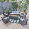 Christopher Knight Home Mason Outdoor 7 Seater Wicker Chat Set with Fire Pit, Gray/Silver/Gray