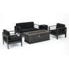 Christopher Knight Home Cape Coral Outdoor Aluminum Chat Set with Water Resistant Cushions and Wood-Like Fire Table, 5-Pcs Set, Grey / Dark Grey / Brown With Wood Pattern / Black