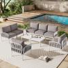 Christopher Knight Home Landon 5 Pieces Patio Conversation Set, 3 Seater Sofa with Coffee Table, Couch and Club Chair, Thick Cushion Armchair, Outdoor Conversation Set for Gathering, White+Light Gray(White+light Gray)