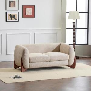 Christopher Knight Home Alma 63″ Boucle Loveseat with Wood Legs, 2 Seater Sofa Couches for Living Room, Upholstered Couch Chair, Soft Seating Lounge Sofa Chair, Cozy Loveseat with Armrest, Navy Blue(Almond)