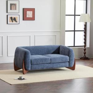 Christopher Knight Home Alma 63″ Boucle Loveseat with Wood Legs, 2 Seater Sofa Couches for Living Room, Upholstered Couch Chair, Soft Seating Lounge Sofa Chair, Cozy Loveseat with Armrest, Navy Blue(Navy Blue)