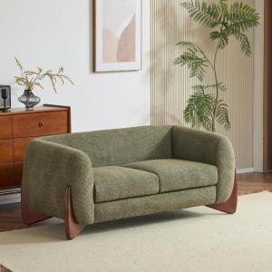 Christopher Knight Home Alma 63″ Boucle Loveseat with Wood Legs, 2 Seater Sofa Couches for Living Room, Upholstered Couch Chair, Soft Seating Lounge Sofa Chair, Cozy Loveseat with Armrest, Navy Blue(Olive-green)
