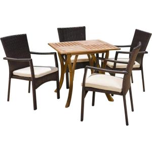 Christopher Knight Home Alva Outdoor 5 Piece Acacia Wood/Wicker Dining Set with Cushions, Teak Finish and Brown with Crème