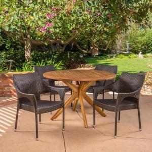 Christopher Knight Home Anthony Outdoor 5 Piece Multibrown Wicker Set with Teak Finish Circular Acacia Wood Dining Table
