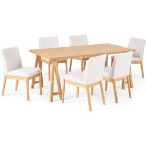 Christopher Knight Home Benson Mid-Century Modern 7 Piece Dining Set, Light Beige and Walnut(Natural Oak + Light Beige)