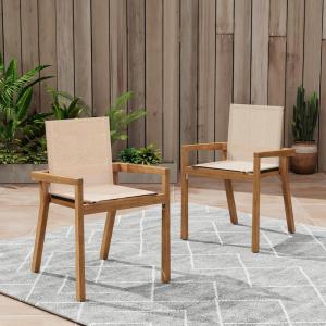 Christopher Knight Home Bonnie Outdoor Dining Chairs Set of 2, Acacia Wood Dining Chair, Mesh Seating Armchair, Breathable Accent Chairs, Comfortable Dining Chair for Balcony Backyard Poolside, Teak