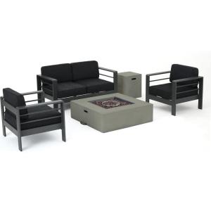 Christopher Knight Home Cape Coral Outdoor Aluminum 5 Piece Loveseat Chat Set Water Resistant Cushions Grey Square Fire Table, 32.00 “W x 27.5 “D x 24.6 “H, Dark Gray + Gray + Light Gray