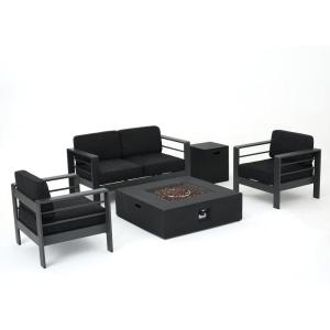 Christopher Knight Home Cape Coral Outdoor Aluminum 5 Piece Loveseat Chat Set Water Resistant Cushions Grey Square Fire Table, 32.00 “W x 27.5 “D x 24.6 “H, Dark Gray + Gray