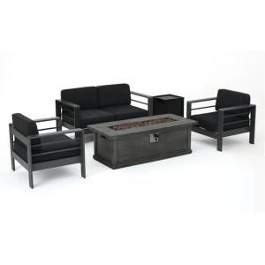 Christopher Knight Home Cape Coral Outdoor Aluminum Chat Set with Water Resistant Cushions and Wood-Like Fire Table, 5-Pcs Set, Grey / Dark Grey / Brown With Wood Pattern / Black