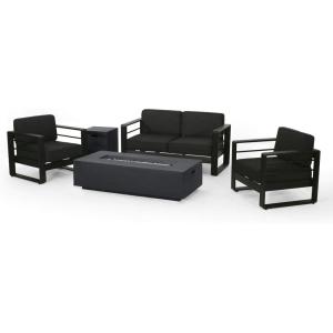 Christopher Knight Home Cheney Bay Outdoor Aluminum 4 Seater Chat Set with Fire Pit, Black, Gray, and Dark Gray(Black + Gray + Dark Gray)