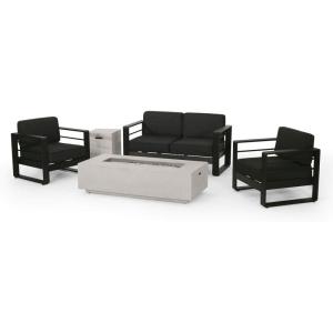 Christopher Knight Home Cheney Bay Outdoor Aluminum 4 Seater Chat Set with Fire Pit, Black, Gray, and Dark Gray(Black + Gray + Light Gray)