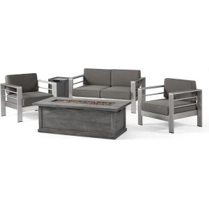 Christopher Knight Home Crested Bay Outdoor Aluminum Chat Set with Rectangular Fire Pit, 3-Pcs Set, Khaki / Gray / Black
