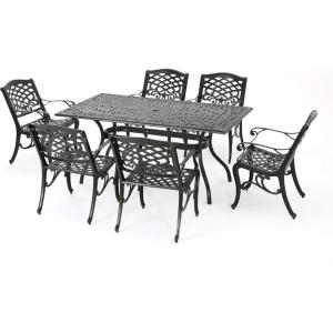 Christopher Knight Home Hallandale Outdoor Sarasota Cast Aluminum Rectangular Dining Set, 7-Pcs Set, Hammered Bronze