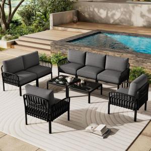 Christopher Knight Home Landon 5 Pieces Patio Conversation Set, 3 Seater Sofa with Coffee Table, Couch and Club Chair, Thick Cushion Armchair, Outdoor Conversation Set for Gathering, White+Light Gray(Black+dark Gray)