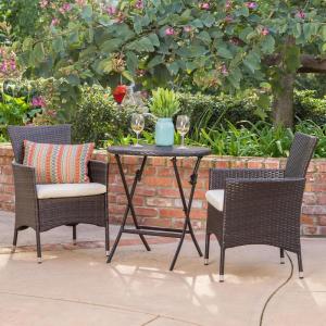 Christopher Knight Home Malaga Outdoor Wicker Bistro Set with Water Resistant Cushions, 3-Pcs Set, Multibrown / Beige