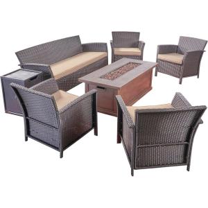 Christopher Knight Home Mason Outdoor 7 Seater Wicker Chat Set with Fire Pit, Brown/Tan/Brown