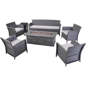 Christopher Knight Home Mason Outdoor 7 Seater Wicker Chat Set with Fire Pit, Gray/Silver/Gray