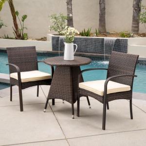 Christopher Knight Home Peterson Outdoor Wicker Bistro Set with Cushions, 3-Pcs Set, Multibrown