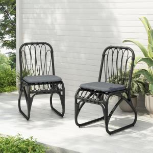 Christopher Knight Home Set of 2 Busby Patio PE Wicker Dining Chairs, Outdoor Woven Rattan Accent Chair with Iron Frame+Cushion, Fully Assembled Lounge Chair Outdoor for Garden/Balcony, Black+Grey(Black+grey)