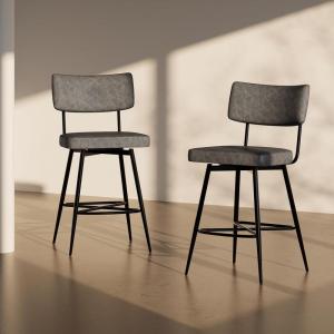 Christopher Knight Home Set of 2 Retro 360-Degree Swivel Counter Stools with Iron Frame and Faux Leather Cushion, Bowknot-Shaped Footrest, Barstool for Kitchen, Bedroom, Dining Room, Grey and Black