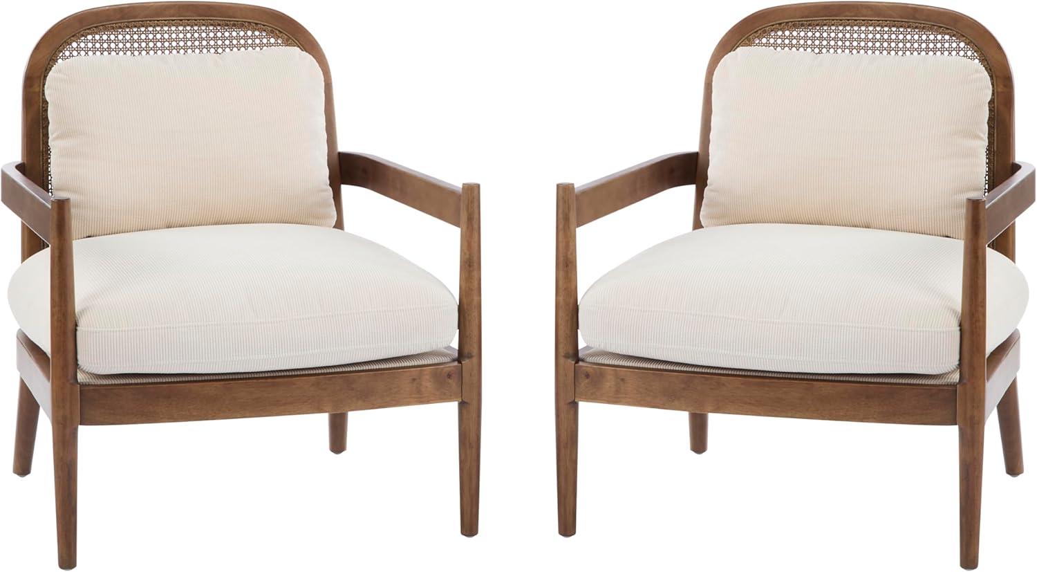 image:imageChristopher Knight Home Nadine Modern Club Chair Set of 2 with Cushion Wooden Living Room Accent Chair with Rattan Open Back Bedroom Comfy Reading Chair BeigeLight BrownBeige Stripe
