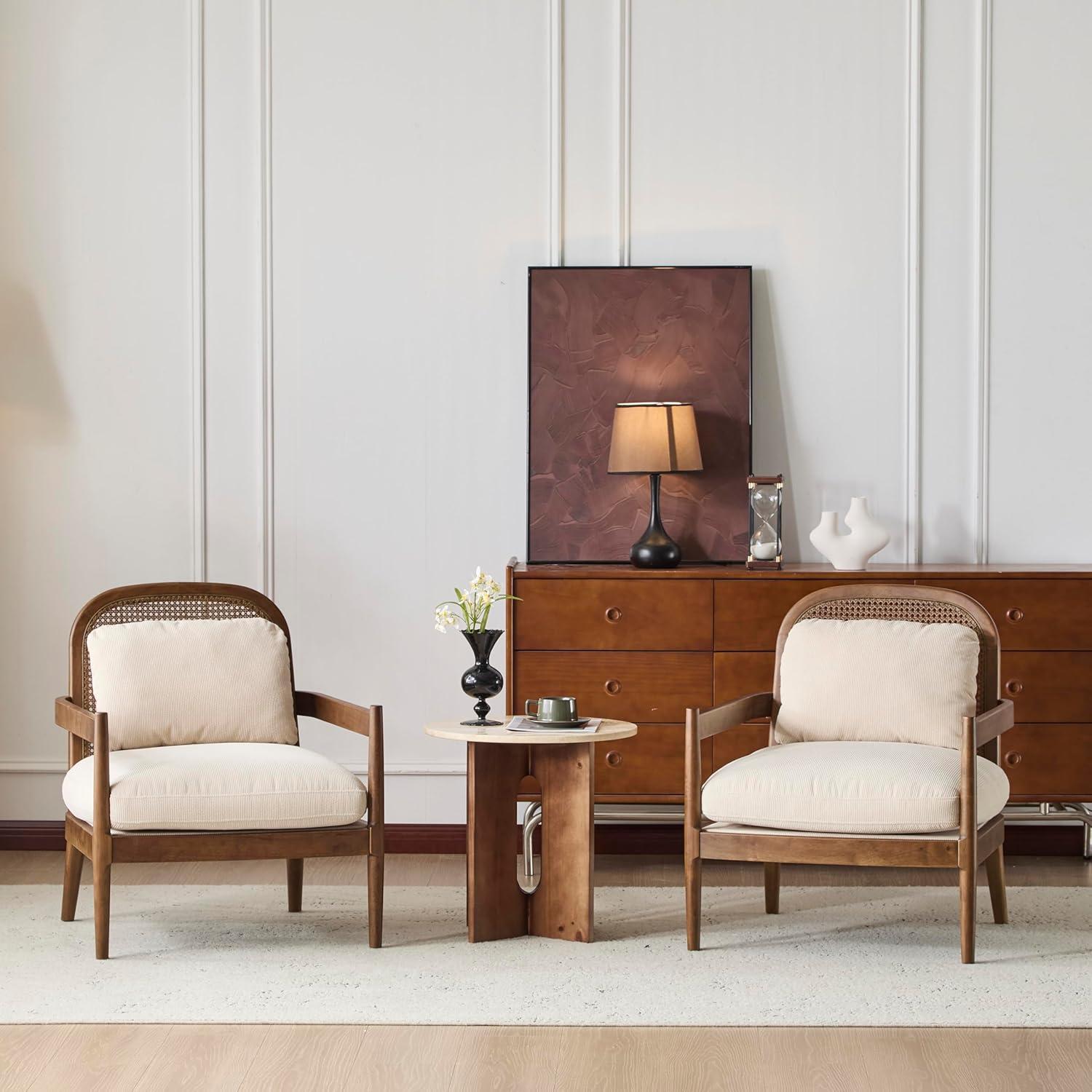 image:imageChristopher Knight Home Nadine Modern Club Chair Set of 2 with Cushion Wooden Living Room Accent Chair with Rattan Open Back Bedroom Comfy Reading Chair BeigeLight BrownBeige Stripe