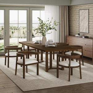 Christopher Knight Home Mizqa 7 Piece Wooden Dining Table Set for 6, 95 Inch Large Dining Table with 6 Chairs, Kitchen Table Chairs Set of 6, Upholstered Chair with Curved Back, Beige + Walnut(Beige + Walnut)