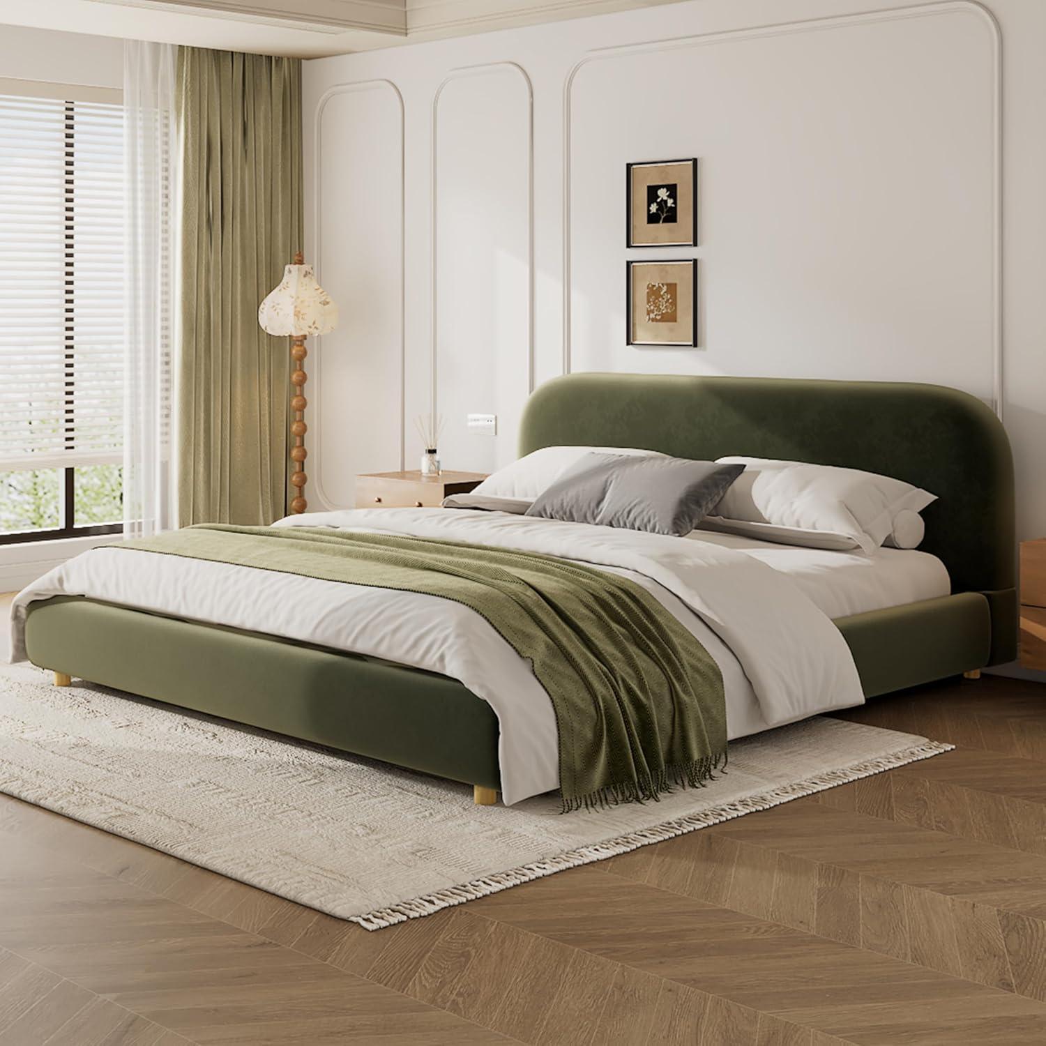 image:imageChristopher Knight Home Hazel Queen Size Platform Bed Velvet Fabric Headboard and Bed Frame Upholstered CurveShaped Queen Headboard Wooden Slats Panel Support Easy Assembly Olive GreenOlive Green Velvet